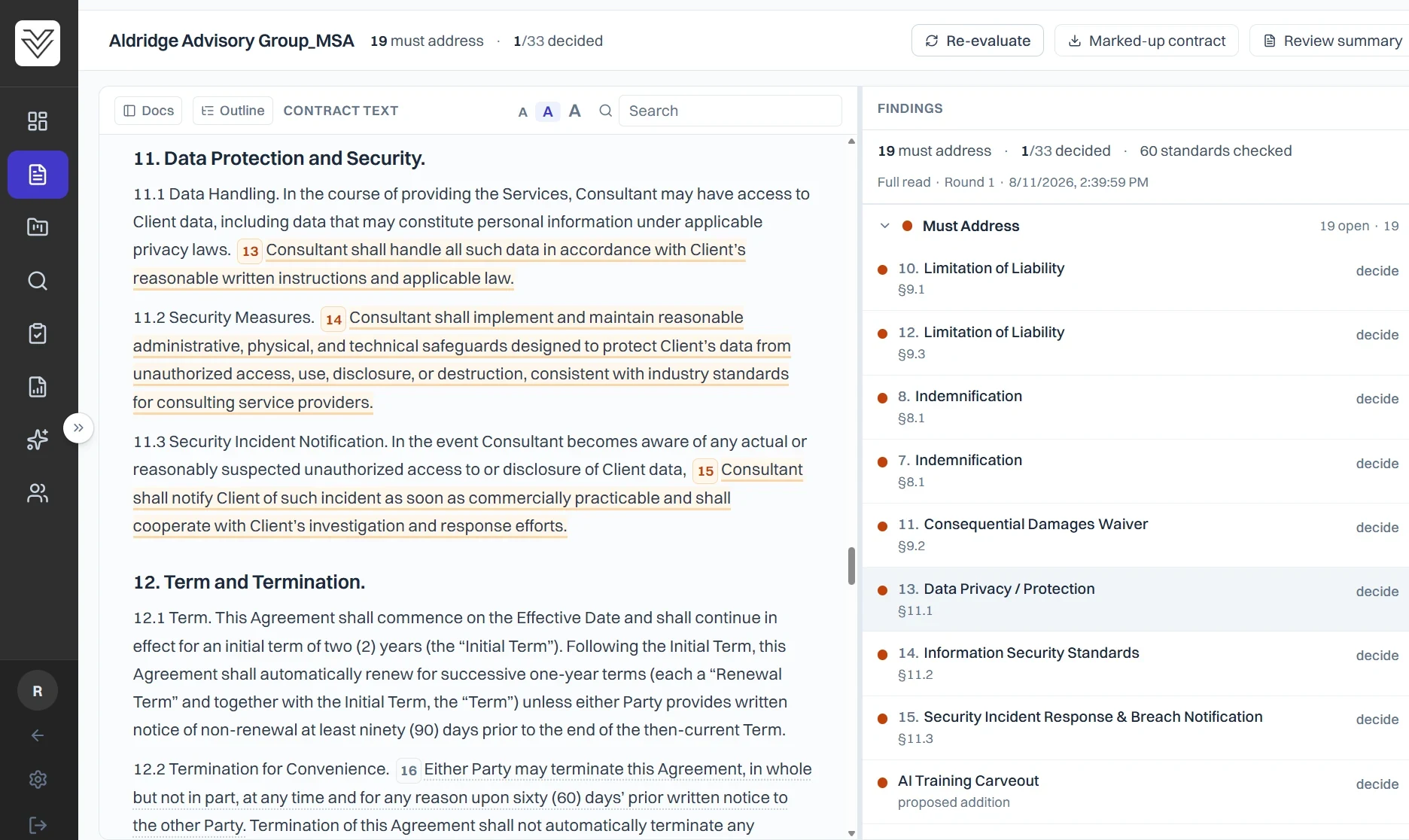 The Revver review workspace on a sample vendor MSA: the contract text with inline finding markers on the left, and the findings rail on the right listing the must-address issues with their section references